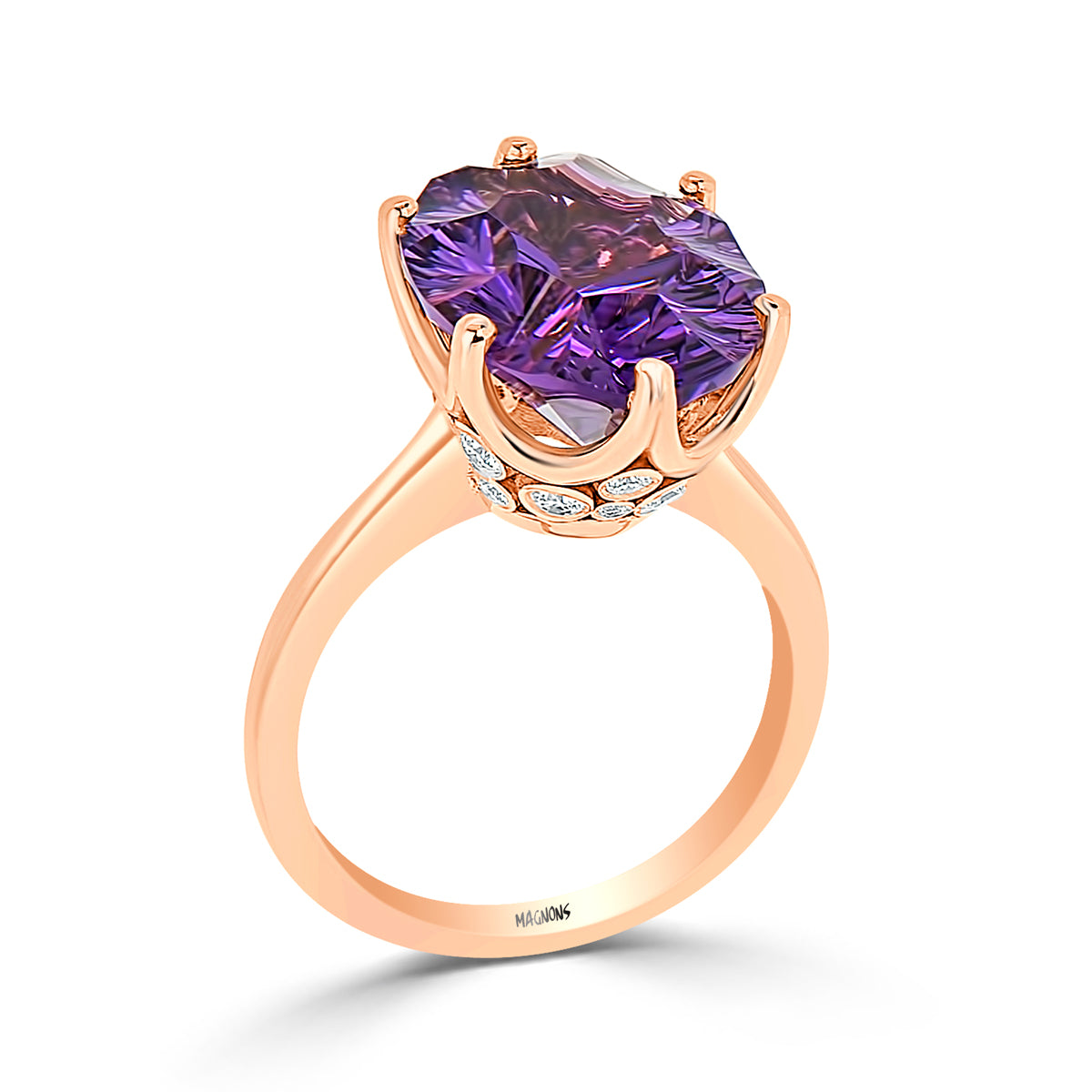 Aniyah GIA Certified Three Stone Round Natural Diamond and Amethyst  accented Diamond Engagement Ring in 14K Rose Gold | TriJewels